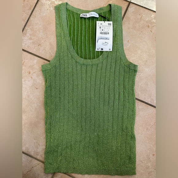 BNWT ZARA Ribbed Green Sparkle Tank Size Small - Picture 1 of 3